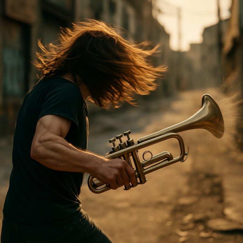 Marco wielding a trumpet as a weapon