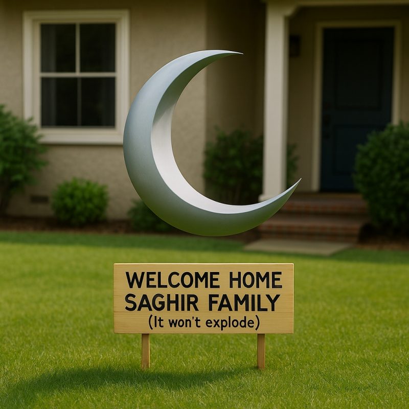 Floating crescent moon sculpture.